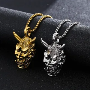 Retro Japanese Hannya mask necklaces in gold and silver finish with punk style horns