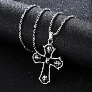 Vintage gothic skull cross necklace with a stainless steel box chain for men and women