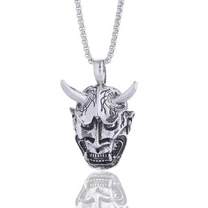 Retro Japanese Hannya mask necklace with horns and polished silver finish for men