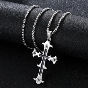 Retro gothic cross pendant necklace with black enamel inlay and silver box chain