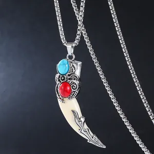 Vintage Punk Stainless Steel Wolf Tooth Wolf Head Pendant Necklace For Men Resin Bone Zirconia Tribal Ethnic Style Jewelry