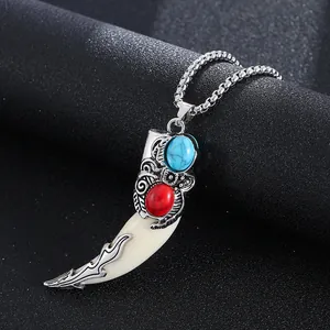 Retro wolf tooth pendant necklace for men with turquoise inlay and silver chain