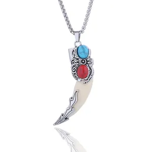 Retro wolf tooth pendant necklace for men with blue and red stones on a box chain