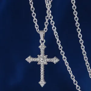 Titanium Steel Chain Alloy Rhinestone Cross Pendant Necklace Vintage Gothic Punk Niche Design Cool Style Jewelry Gift