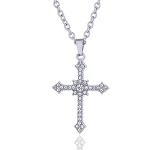 Silver-tone cross necklace with pavé-set rhinestones and a large central crystal