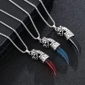 Men Retro Stainless Steel Wolf Tooth Necklace Vintage Dragon Head Punk Style Red Blue Black Alloy Resin Pendant Jewelry