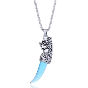Retro dragon head pendant necklace with light blue horn charm in silver metal finish