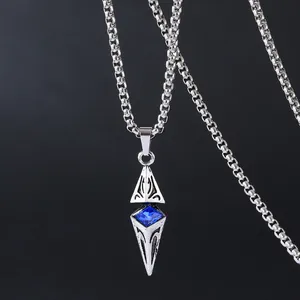 Vintage Stainless Steel Geometric Pyramid Pendant Necklace For Men Hip Hop Punk Blue Zirconia Inlaid Box Chain Necklace Jewelry