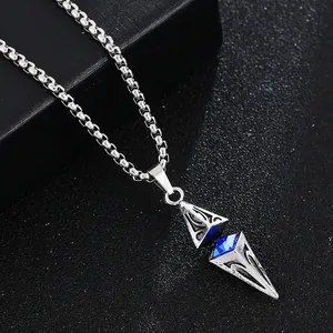 Retro silver pendant necklace with blue gems and box chain in a luxury black gift box