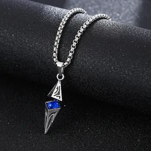 Retro geometric pendant necklace with blue gemstone and vintage engraved steel details