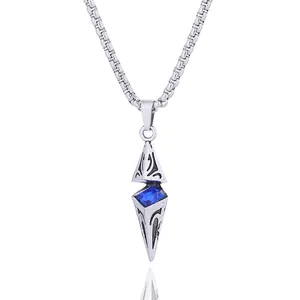 Gothic star pendant necklace with blue gemstone and silver steel chain on white background
