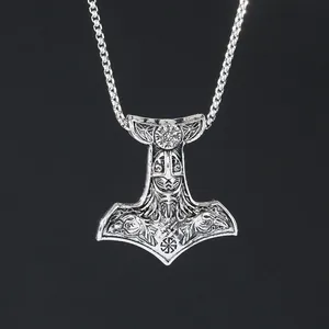 Collana con Ciondolo Mjolnir Vichingo Vintage per Uomo Argento Retro Odino Corvo Martello di Thor Catena a Osso di Drago Gioielli