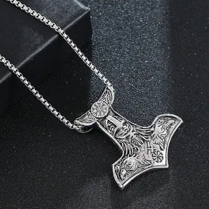 Collana con ciondolo Vichingo Odin Corvo e Mjölnir in argento vintage con catena da uomo