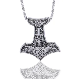 Collana con ciondolo Martello di Thor Mjölnir vintage con corvi di Odino e Vegvísir in argento