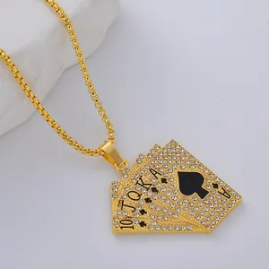 Gold Ace of Spades royal flush poker necklace with sparkling rhinestones and box chain