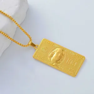 Gold-toned 100 dollar bill rectangular pendant necklace with a detailed box chain link