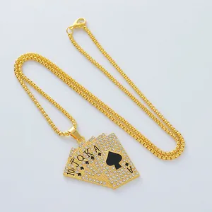 Iced out gold Ace of Spades poker pendant necklace with sparkling crystal rhinestones