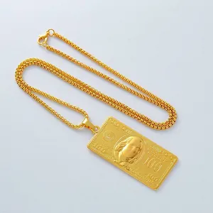 Hip hop 100 dollar bill pendant necklace in gold-plated stainless steel box chain
