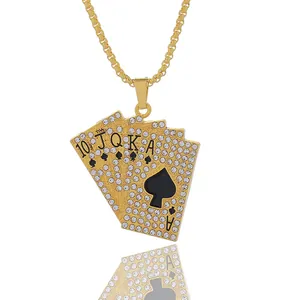 Gold Ace of Spades poker pendant necklace with sparkling rhinestones on white background