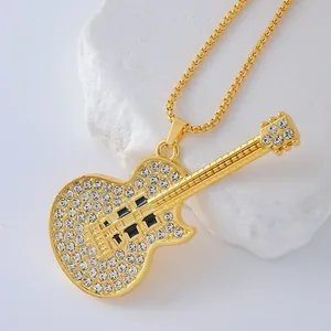 Iced out gold guitar pendant necklace with white rhinestones and box chain for men