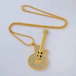 Hip hop gold electric guitar pendant necklace with sparkling rhinestones for music lovers