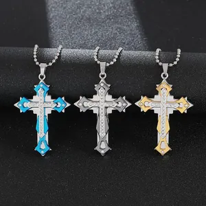 Three-layer cross necklaces with sparkling crystals in blue, black, and gold finishes