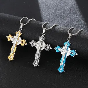 Three-layer iced out cross pendant necklaces in gold, black, and blue finishes with ball chains