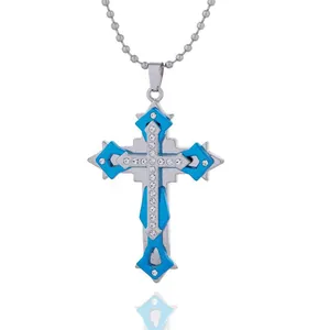 Men's double-layer cross pendant necklace with blue accents and sparkling crystals