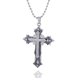 Three-layer dark knight cross pendant necklace with rhinestones and bead chain