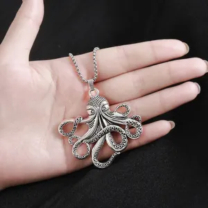 Vintage silver octopus pendant necklace with detailed tentacles on black background