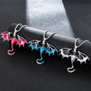 Vintage dragon pendant necklace set with colorful enamel wings and crystal accents