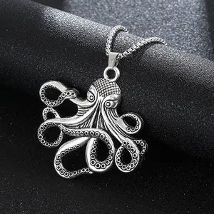 Vintage octopus pendant necklace with detailed tentacles in antique silver metal finish