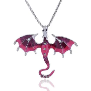 Gothic hip-hop dragon pendant necklace with purple enamel wings and sparkling rhinestones