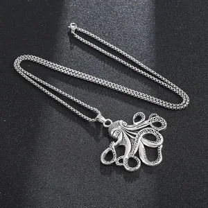 Retro octopus pendant necklace in antique silver finish with a durable box chain