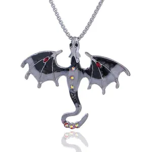Vintage silver dragon pendant with black and white enamel and sparkling red rhinestones