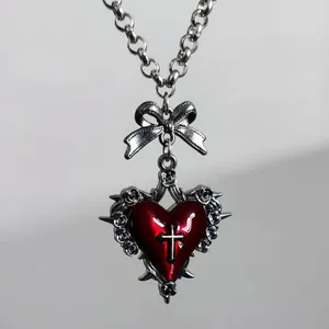 Gothic Heart Bow Cross Necklace For Women Men Vintage Punk Titanium Steel Chain Alloy Enamel Rose Thorn Pendant Jewelry Gift