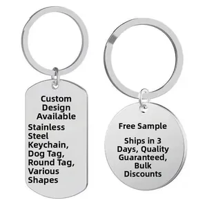 Detailed view of polished stainless steel dog tag and round keychain with custom engraving