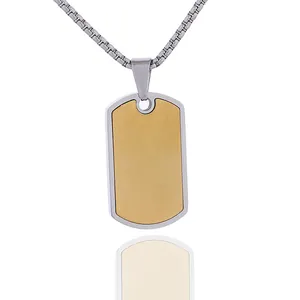 Pendentif plaque militaire bicolore avec incrustation d'or brossé sur chaîne box
