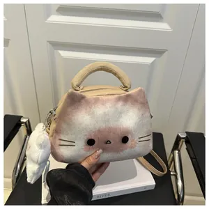 Detail of cute plush siamese cat bag featuring 3D ears and soft embroidered whiskers