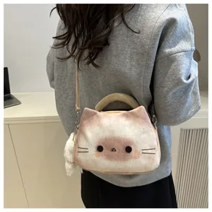 Rear view of a model wearing the plush cat-shaped shoulder bag with soft fur details