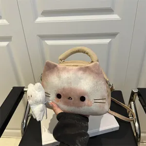 Cute Cartoon Cat Plush Crossbody Bag For Women Large Capacity Portable PU Patchwork Shoulder Bag With Bear Pendant