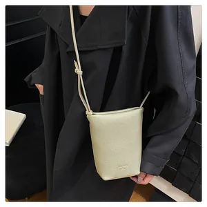 Detail of champagne gold mini crossbody bag with litchi grain texture on black coat