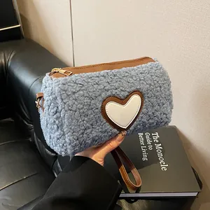 Women Fashion Sherpa Fleece Heart Crossbody Bag Small Cylinder Shoulder Bag Autumn Winter Trendy Plush Handbag Casual Travel Bag