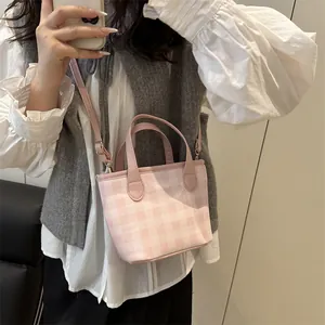 Pink plaid pattern large tote bag with top handle and crossbody strap for women
