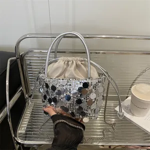 Borsa a Secchiello con Paillettes da Donna in Pelle PU con Catena Tracolla Borsa a Mano con Coulisse per Feste Serali