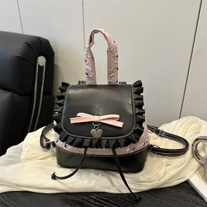 Mini Sac à Dos pour Femme Style Lolita Doux Noir et Rose Bord à Volants Pendentif Cœur Nœud Sac à Main d'École pour Fille