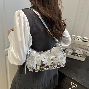 Sparkly silver sequin shoulder bag with chain strap for women party fashion look