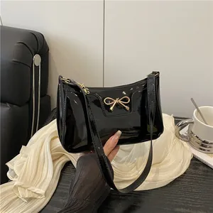 Fashion Bow Knot Glossy PU Patent Leather Underarm Bag For Women Solid Color Large Capacity Shoulder Bag Korean Style Tote Bag