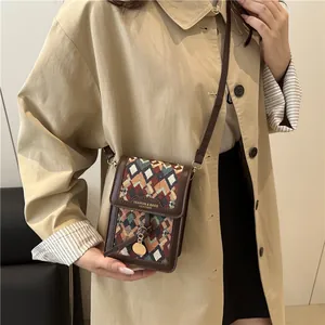 Vintage retro small crossbody bag with woven diamond pattern and leather strap