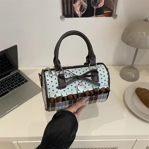 Sac à Main Boston Rétro Doux Imprimé Étoiles Carreaux pour Femmes Nœud Papillon Pendentif Coeur Volants Cuir PU Canevas Bandoulière